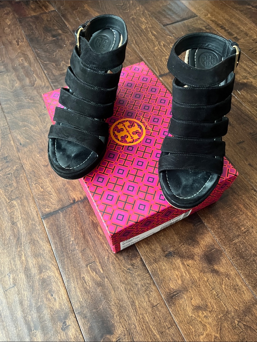 Tory Burch Black Strappy Suede Wedge Sandals with Ankle Buckle